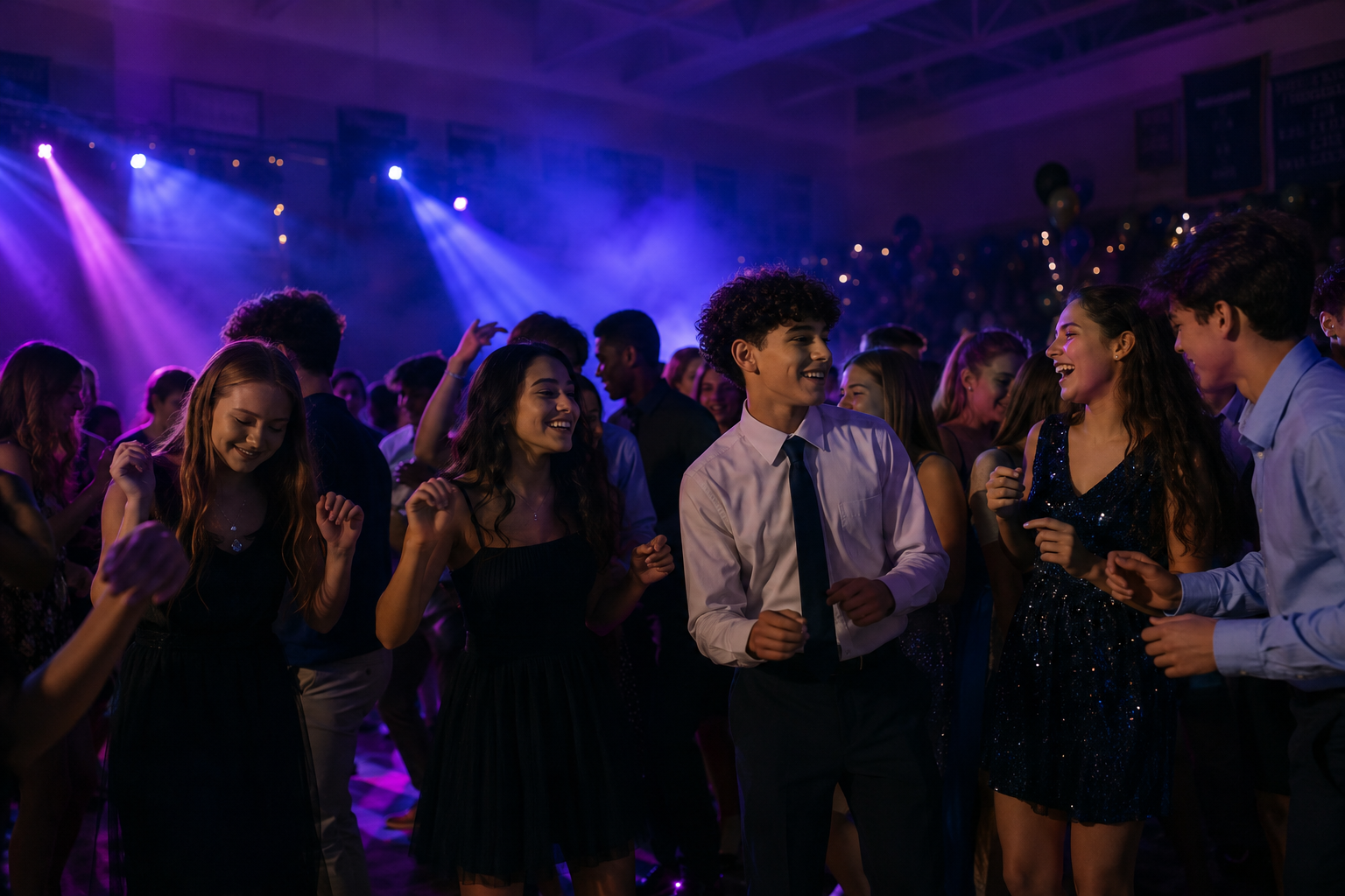 A school dance with students on a lit dance floor